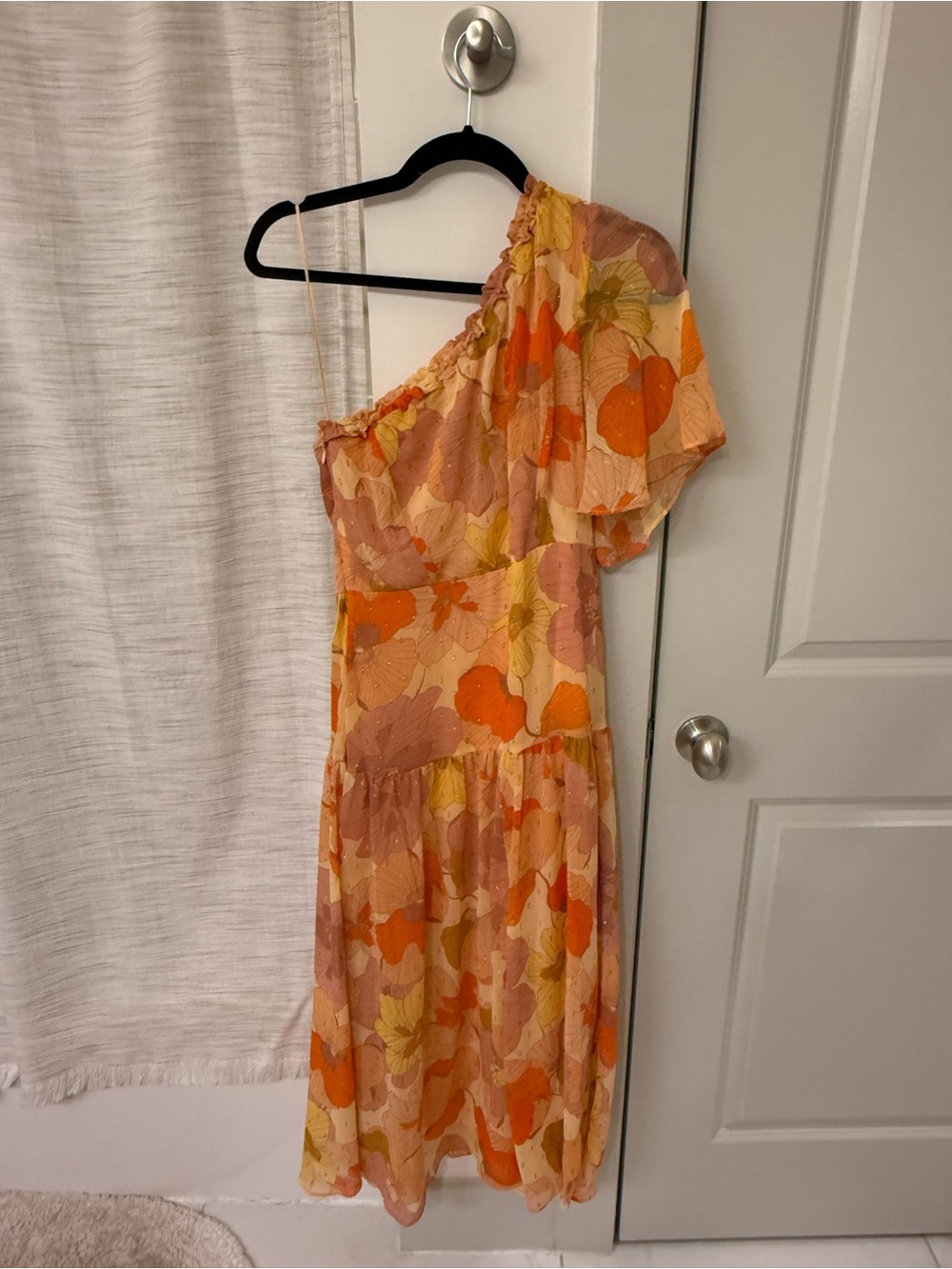 Taylor One-Shoulder Floral Midi Dress in Orange, Peach and Yellow